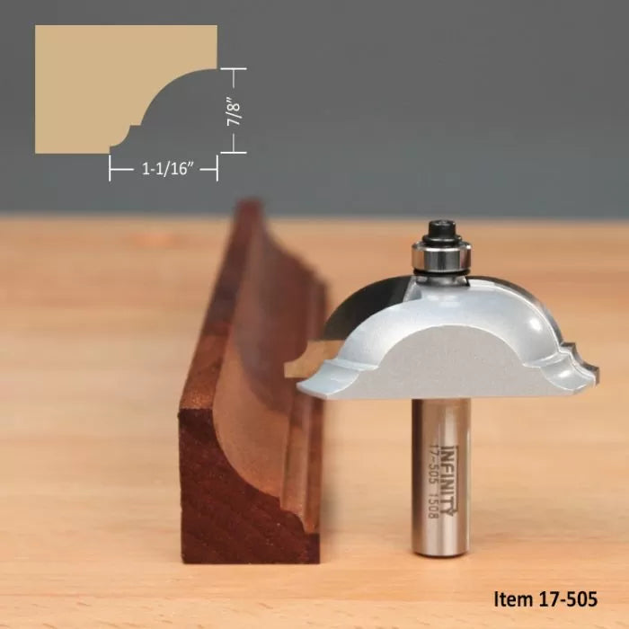 Crown molding router bit with bearing, sample wood edge profile, and dimensions shown.