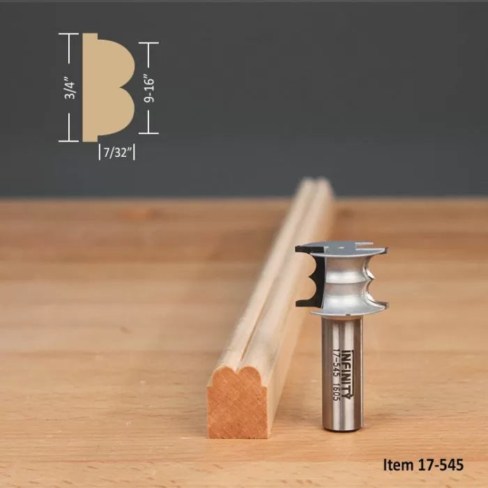 Woodworking router bit with decorative edge molding profile and measurement diagram