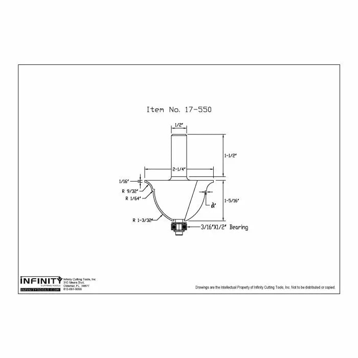 Technical drawing of router bit with dimensions, labeled as item 17-550, woodworking tool