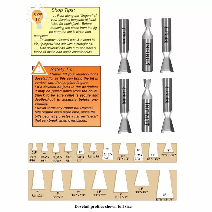 Dovetail router bits with safety tips and various full-size dovetail joint profile diagrams.
