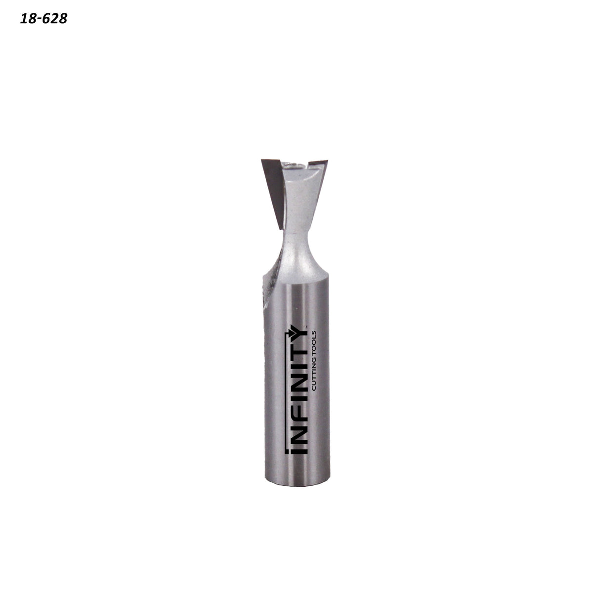 Dovetail router bit with sharp carbide blade for woodworking on a white background.
