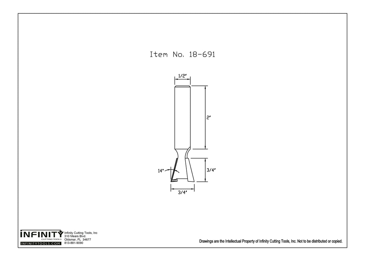 Technical drawing of woodworking router bit, 1/2 inch shank, item 18-691, with measurements.