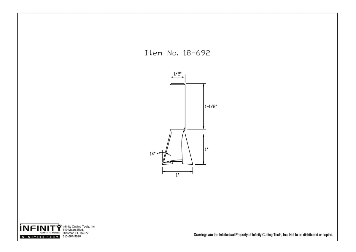 Technical drawing of woodworking router bit, item 18-692, with measurements and angles.