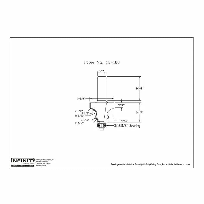 Technical drawing of router bit with measurements and bearing, woodworking tool diagram