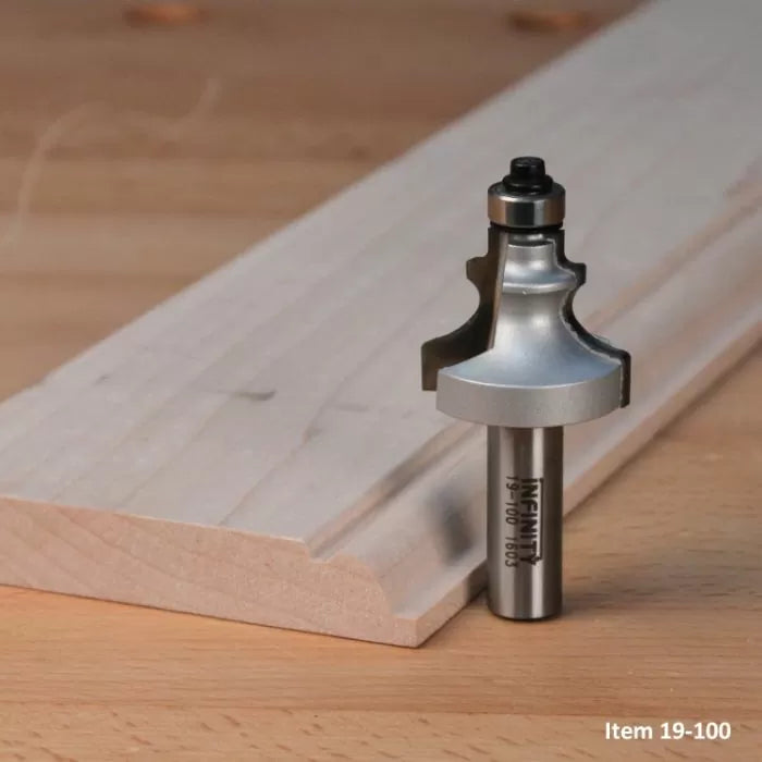 Roundover router bit on wood plank for woodworking and precise edge profiling