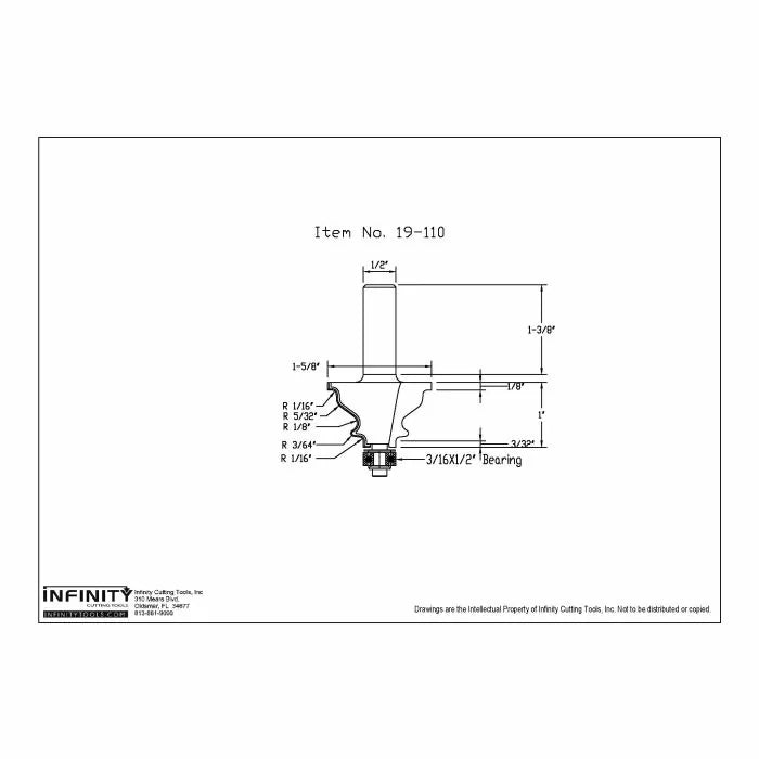 Router bit technical drawing with detailed dimensions, item number 19-110, woodworking tool.