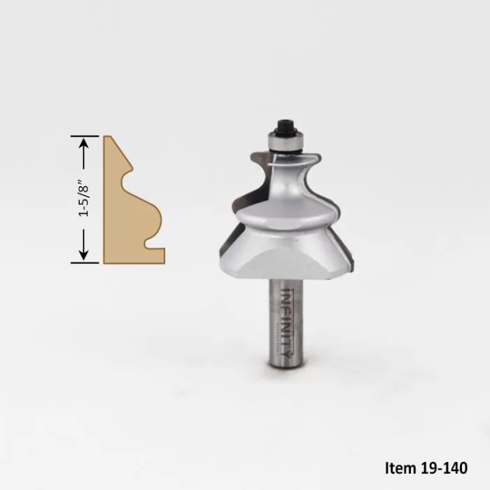 Decorative router bit with 1-5/8 inch profile for woodworking, shown with cut example.