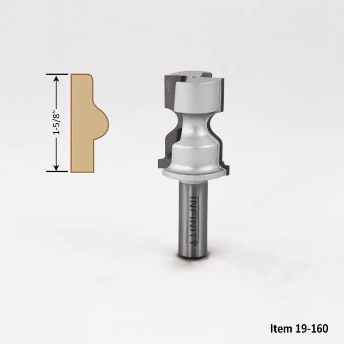 Woodworking edge forming router bit with 1-5/8 inch profile and cut example