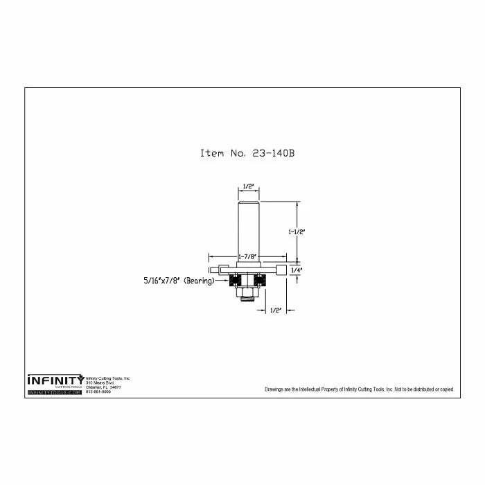 Technical diagram of router bit with labeled dimensions and bearing size, item 23-140B.