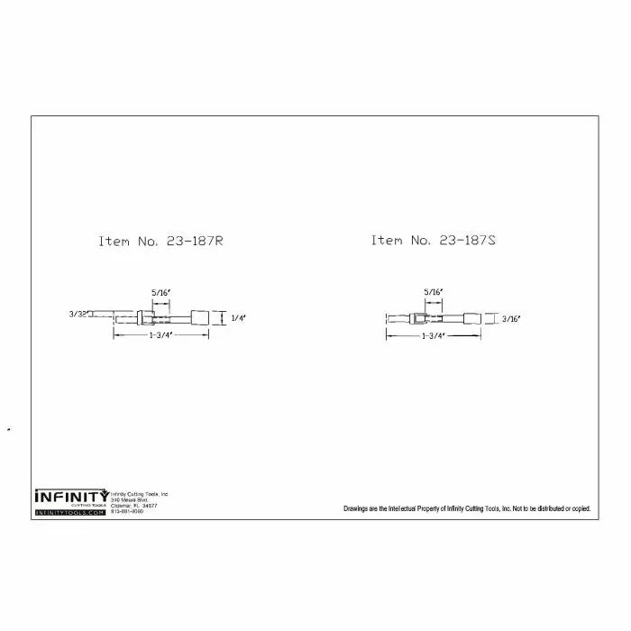 Technical drawing of woodworking router bits item 23-187R and 23-187S with labeled measurements