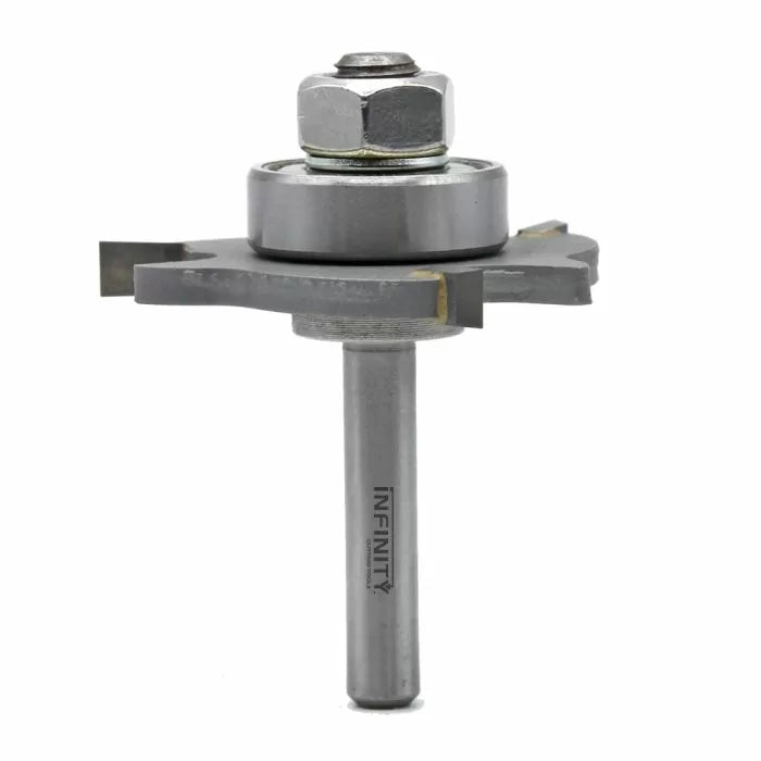 Carbide-tipped slot cutting router bit with bearing for woodworking precision.