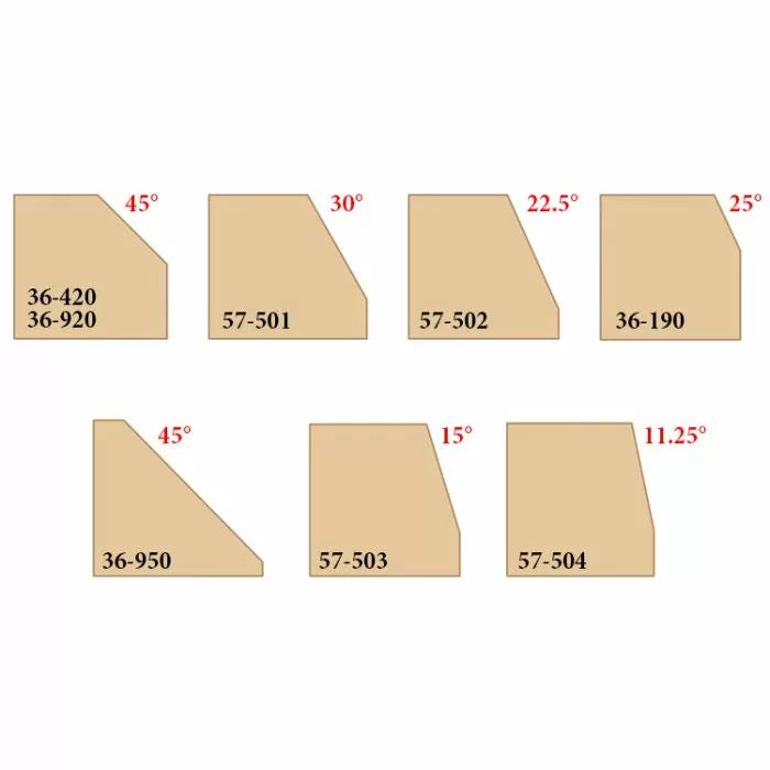 Diagram showing woodworking chamfer profiles with labeled angles and part numbers.
