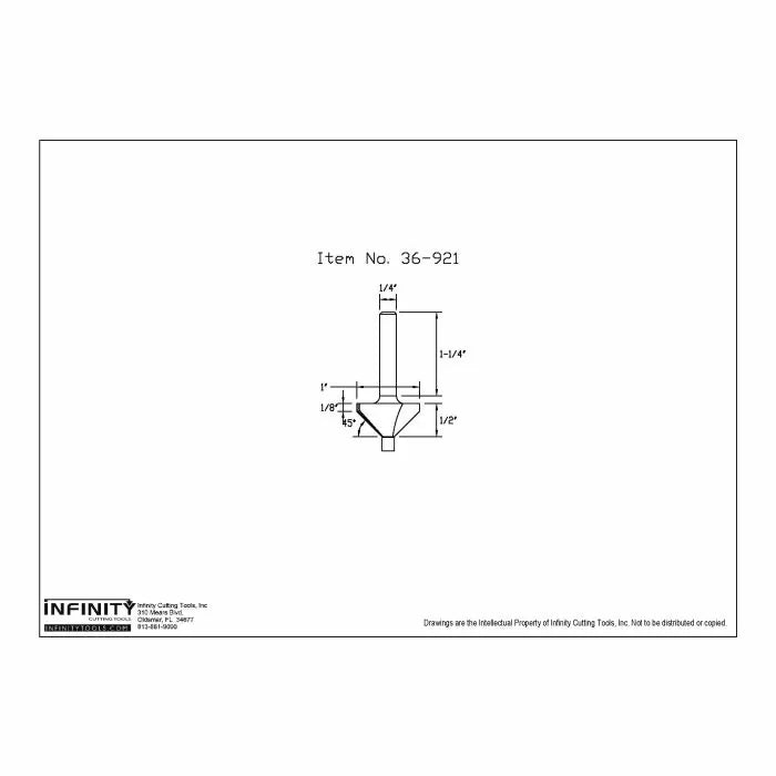 Technical drawing of 36-921 router bit with detailed measurements, woodworking tool diagram