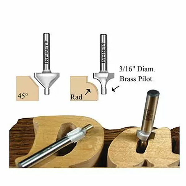 Woodworking router bits with 3/16 inch brass pilot for routing edges and sharp corners in wood.