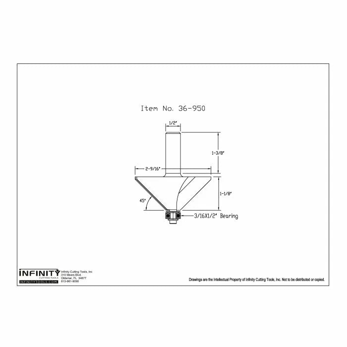 Router bit technical drawing with blade dimensions, item 36-950, woodworking tool diagram