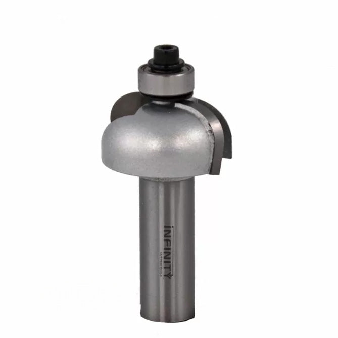 Roundover router bit with bearing for woodworking, silver and steel finish on white background.