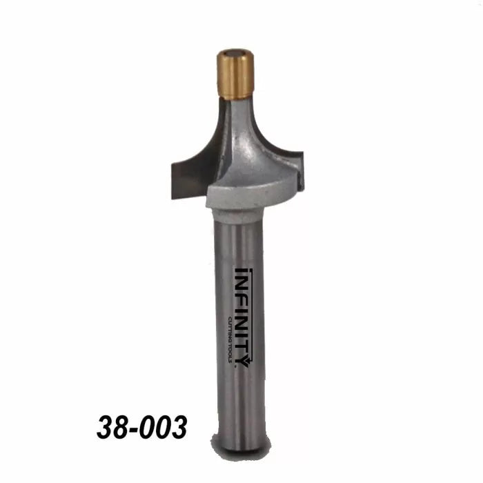 Roundover router bit with bearing for woodworking, marked 38-003, on white background.