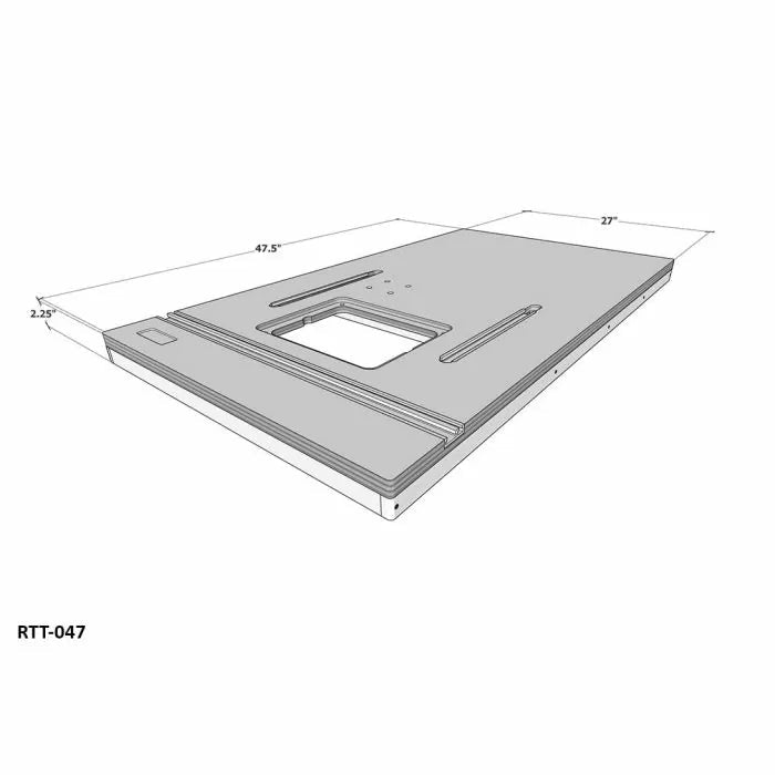 3D model of a router table top with slots and insert cutout, dimensions labeled