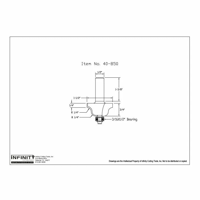Detailed technical drawing of router bit with dimensions and labeled measurements for woodworking.