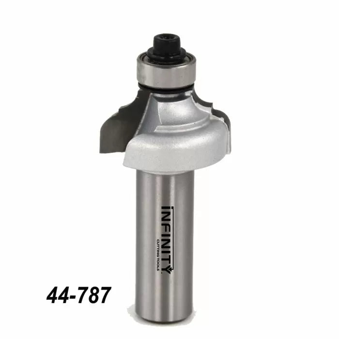 Roundover router bit with bearing, labeled 44-787, for woodworking edge profiles.