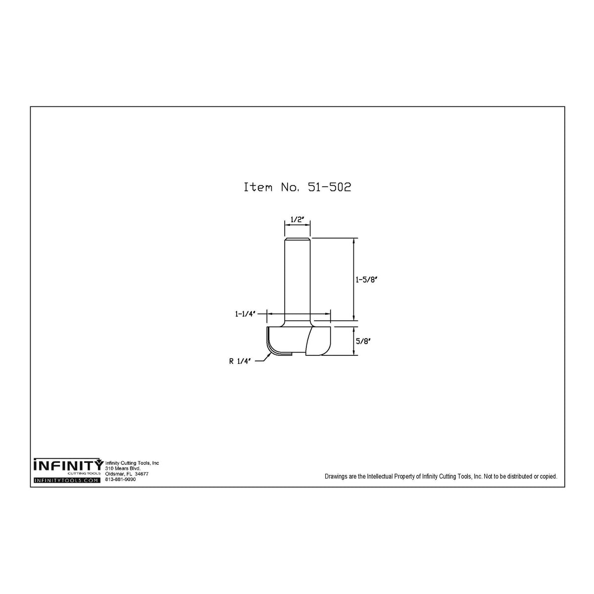 Technical drawing of woodworking router bit with dimensions, item number 51-502