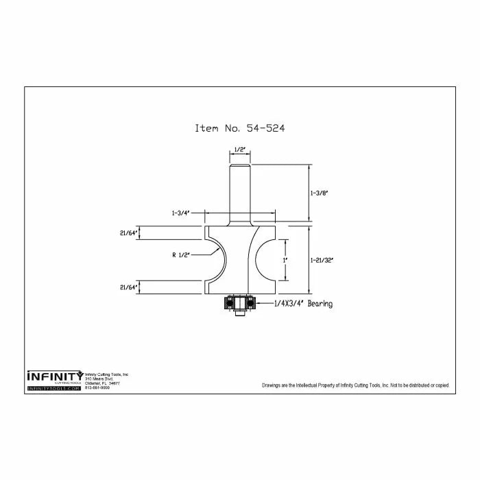 Technical drawing of woodworking router bit with dimensions and bearing size.