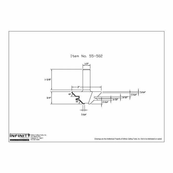 Technical drawing of router bit with detailed dimensions and labels, item number 55-502.