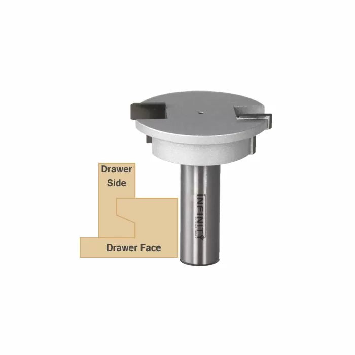 Drawer lock router bit with diagram for joining drawer sides and faces, woodworking tool