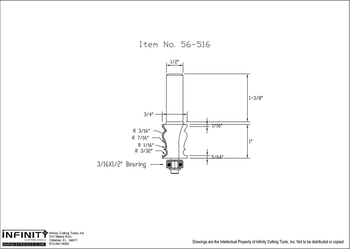 Router bit technical drawing with detailed measurements, item 56-516, woodworking tool