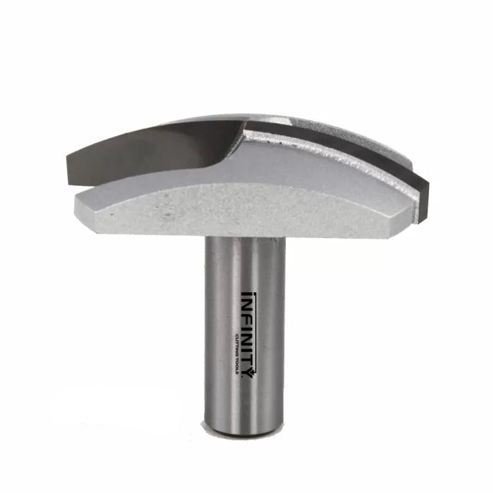 Carbide tipped woodworking router bit with rounded edge and metal shank on white background