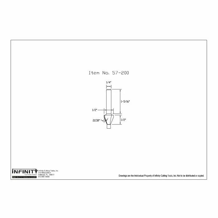 Technical drawing of router bit model 57-200 with labeled dimensions and measurements.