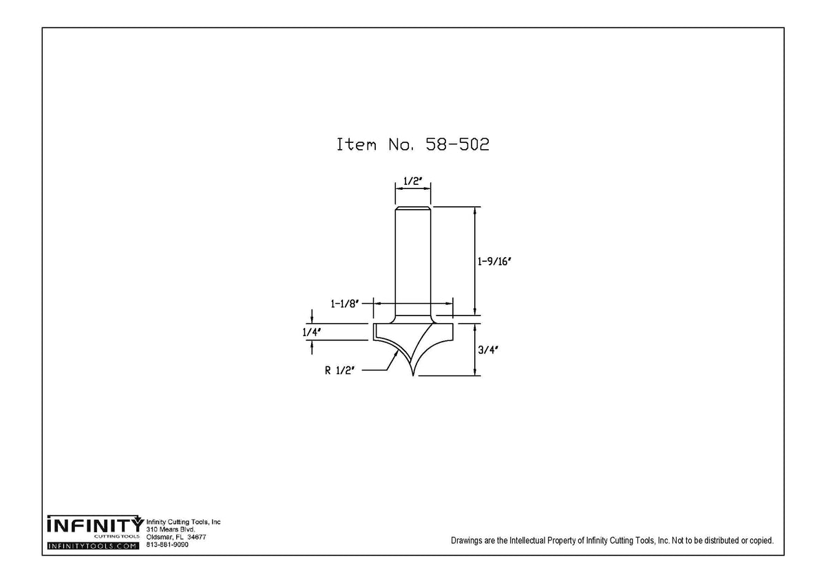Technical drawing of 58-502 woodworking router bit with detailed dimensions.