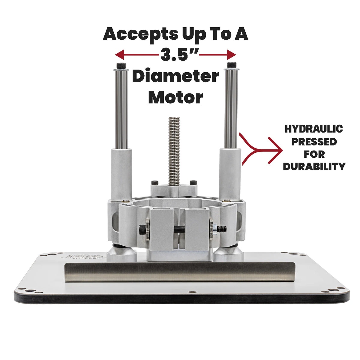 Router lift mechanism with metal base, accepts 3.5 inch motor, hydraulic pressed for durability