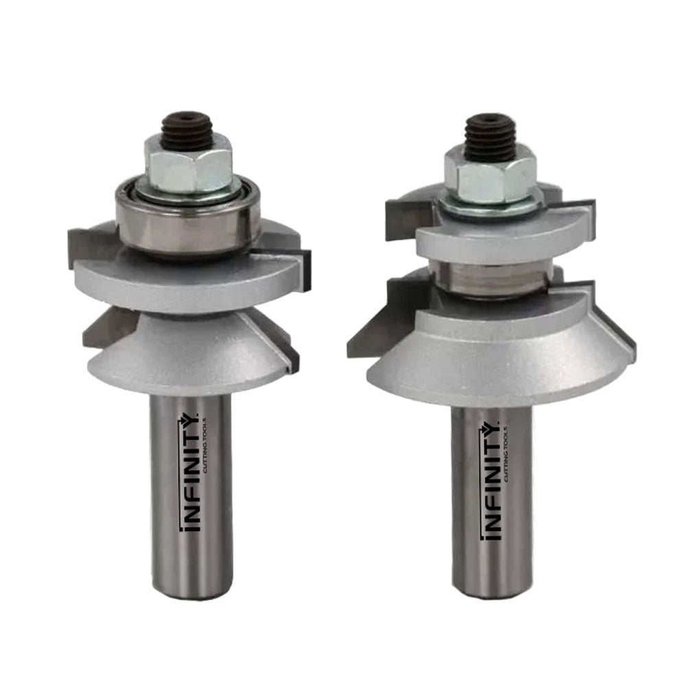 V tongue and groove router bit set on a white background