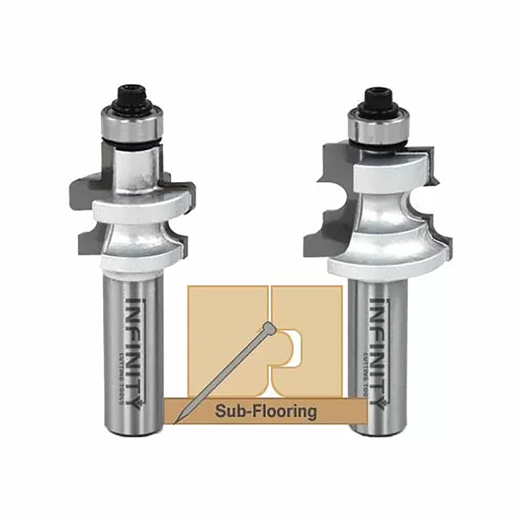 Set of tongue and groove router bits with sub-flooring joinery diagram