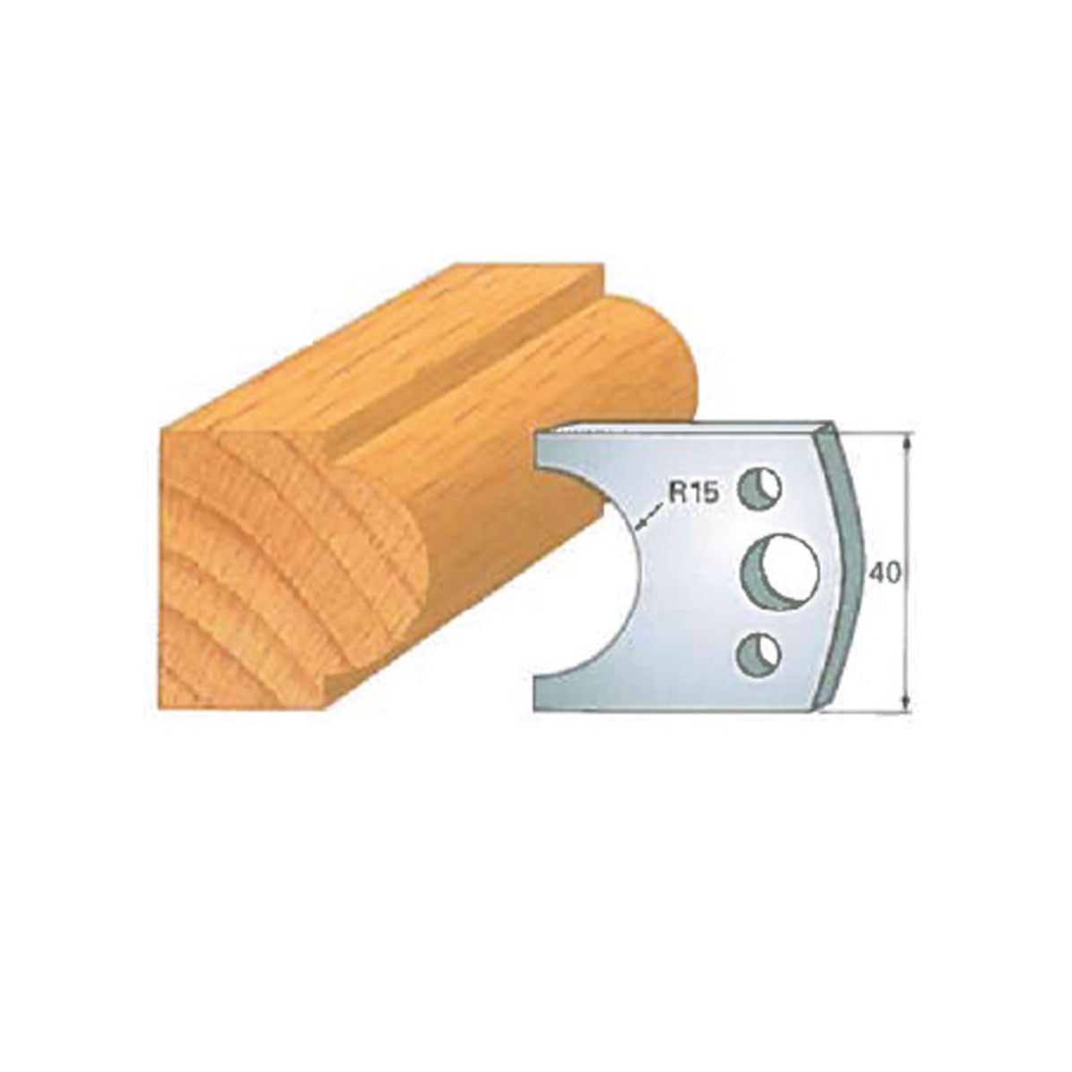 Woodworking cutter blade with radius profile and wooden molding sample