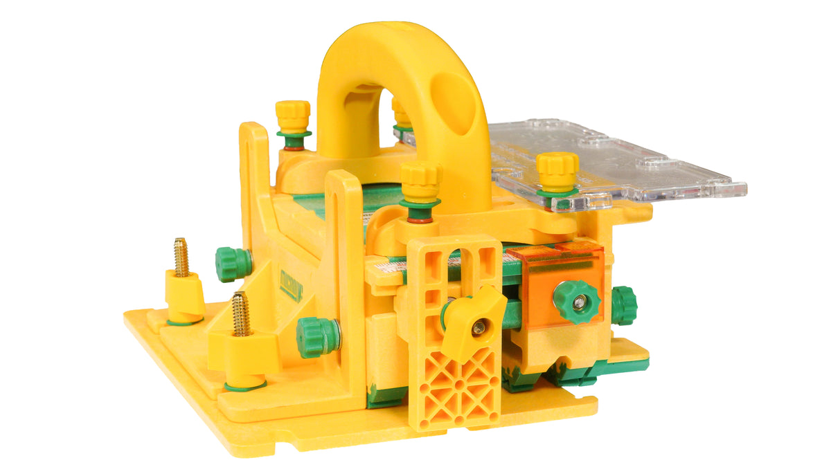 A yellow and green push block on a white background.