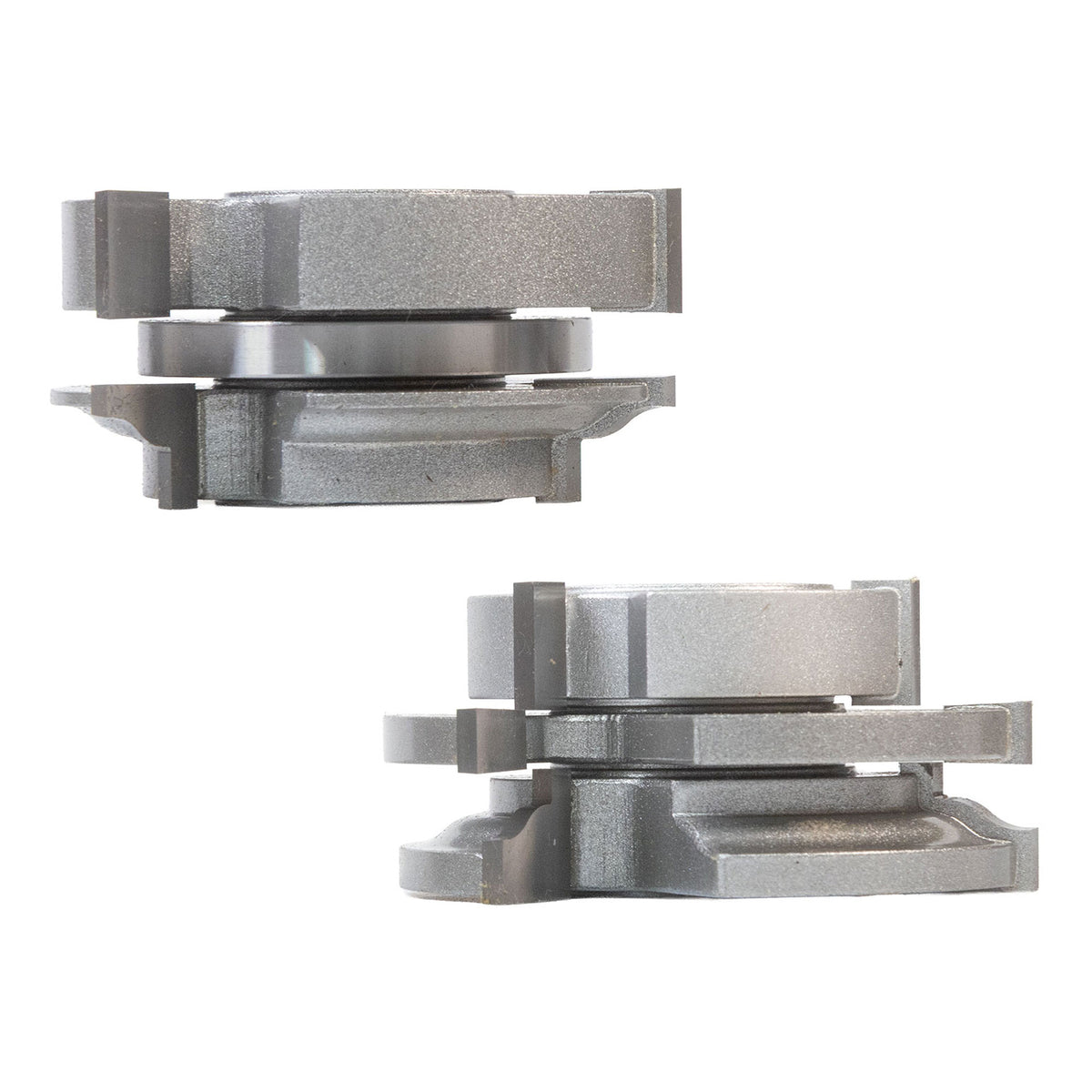 A two piece rail and stile shaper cutter set on a white background.