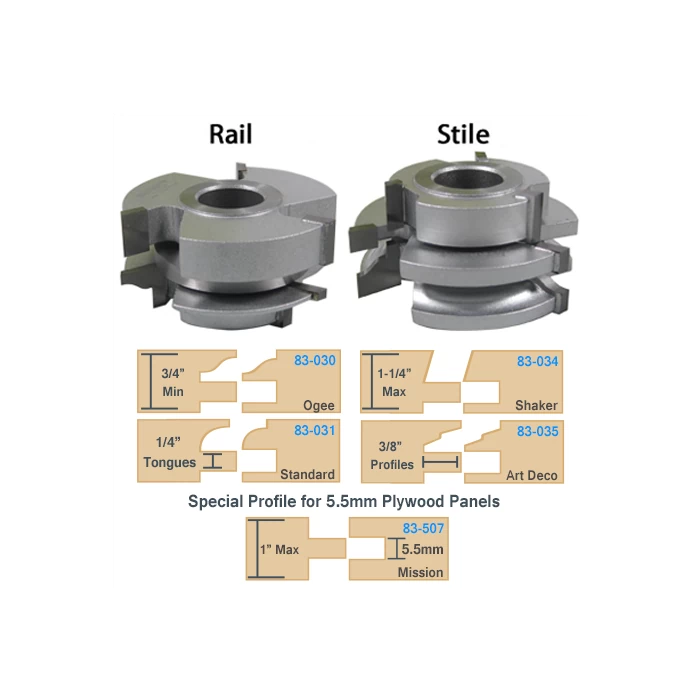 Rail and stile router bits with wood profile examples for ogee, shaker, standard, art deco, and mission panel cabinetry.