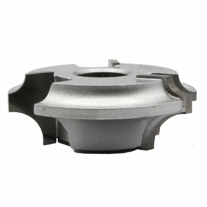 Carbide-tipped woodworking cutter head for shaper, silver, isolated on white background
