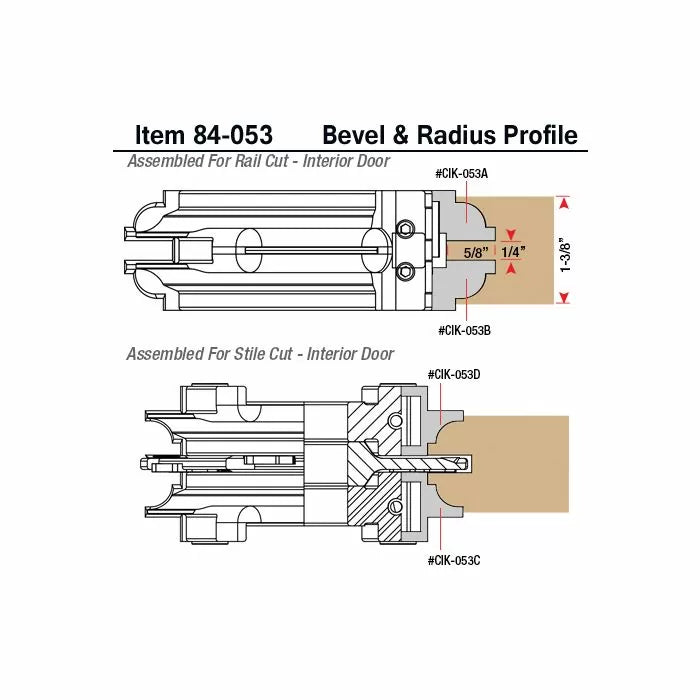 Bevel and radius profile woodworking cutter diagram for interior door rail and stile cuts
