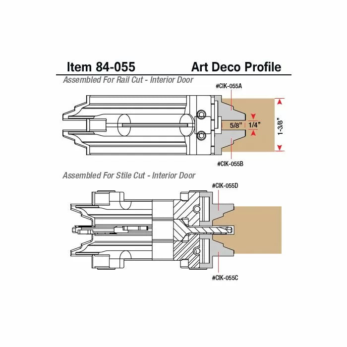 Diagram of Art Deco profile router bit set for interior door rail and stile cuts with measurements