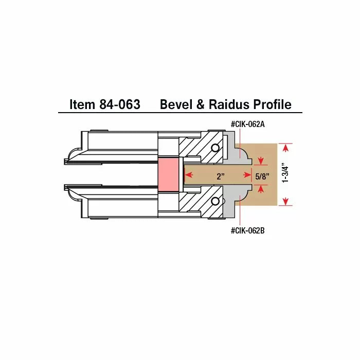 Diagram of woodworking bevel and radius profile cutter head with labeled dimensions