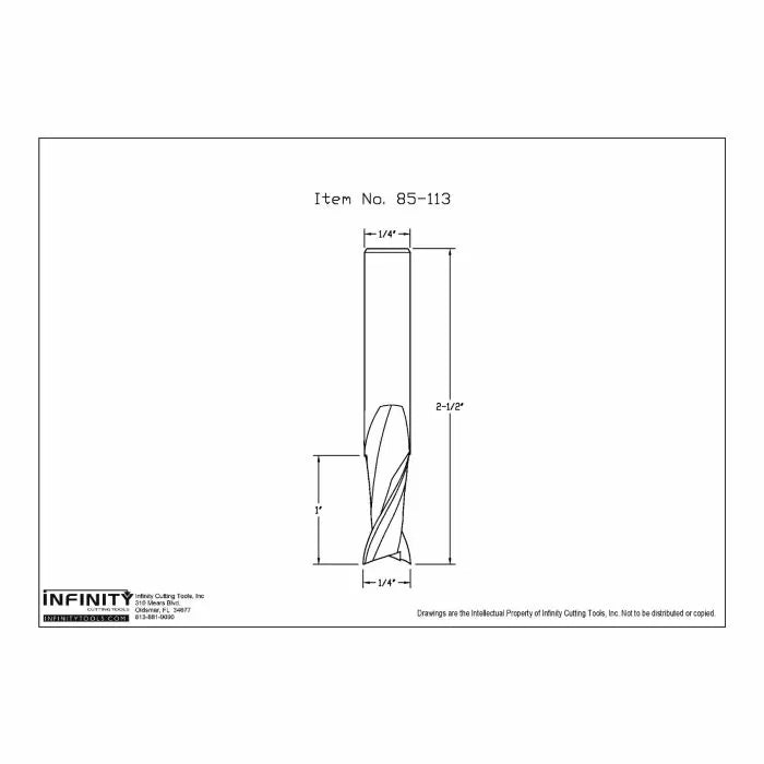 Technical drawing of a 1/4 inch straight router bit with measurements labeled.