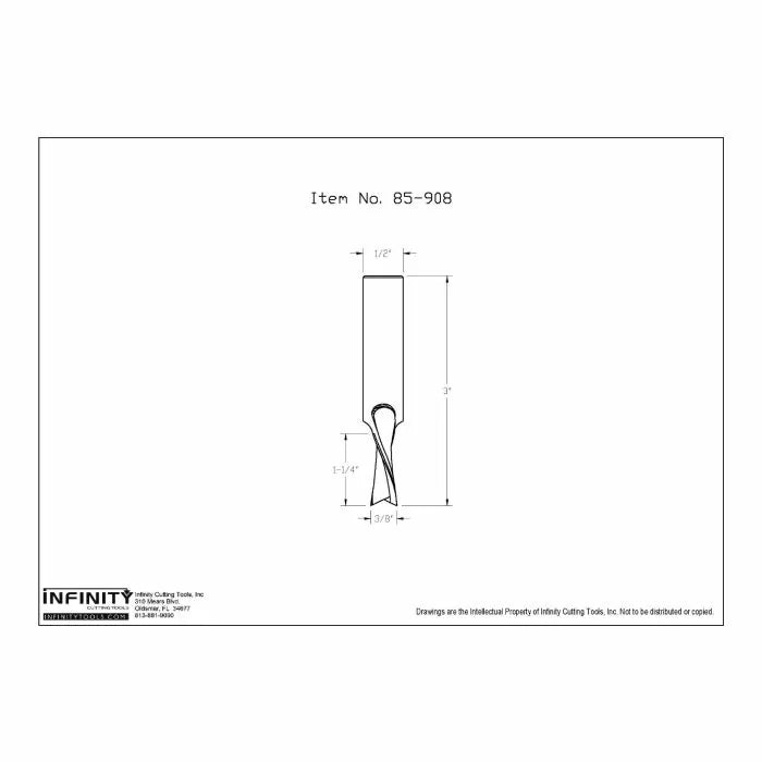 Technical drawing of straight router bit with measurements for woodworking, item 85-908.