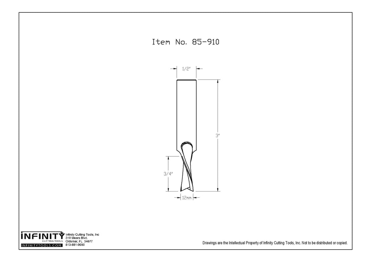 Straight router bit technical drawing with dimensions, woodworking tool diagram