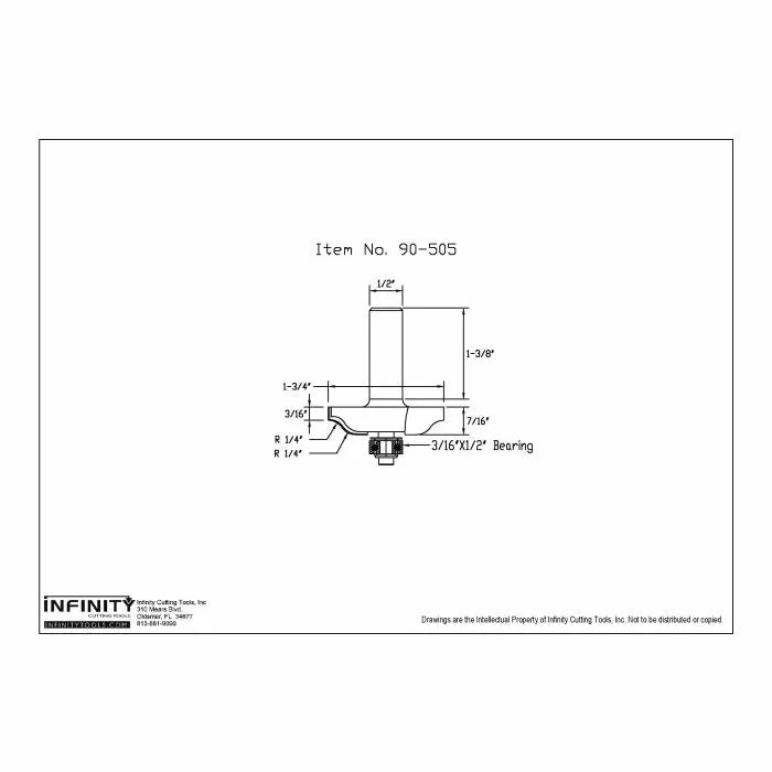 Detailed technical drawing of woodworking router bit, item 90-505, with dimensions labeled.
