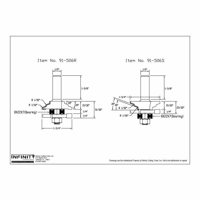 Technical diagram showing 91-506R and 91-506S router bit profiles with measurements.