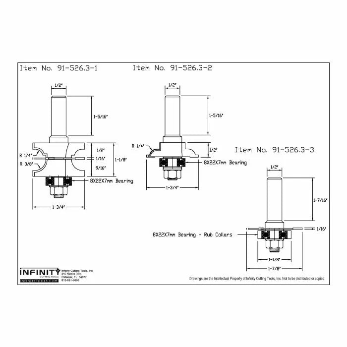 Router bit set technical drawing with detailed measurements for woodworking tools