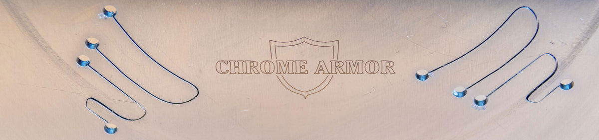 Close-up of a saw blade's Chrome Armor coating logo and laser-cut expansion slots